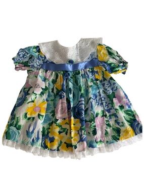 Vintage Allison Ann Girl Floral Lace-Collar Casual Dress - Blue, Yellow & Green